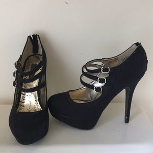 Black Material Girl Gold Buckle Heels